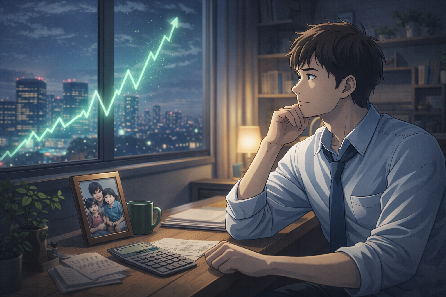 NASDAQ100に長期投資する子持ち会社員が家族の未来を考えるイメージ