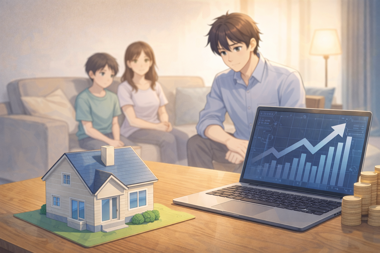 住宅ローンと投資で悩む子持ち会社員の家計イメージ