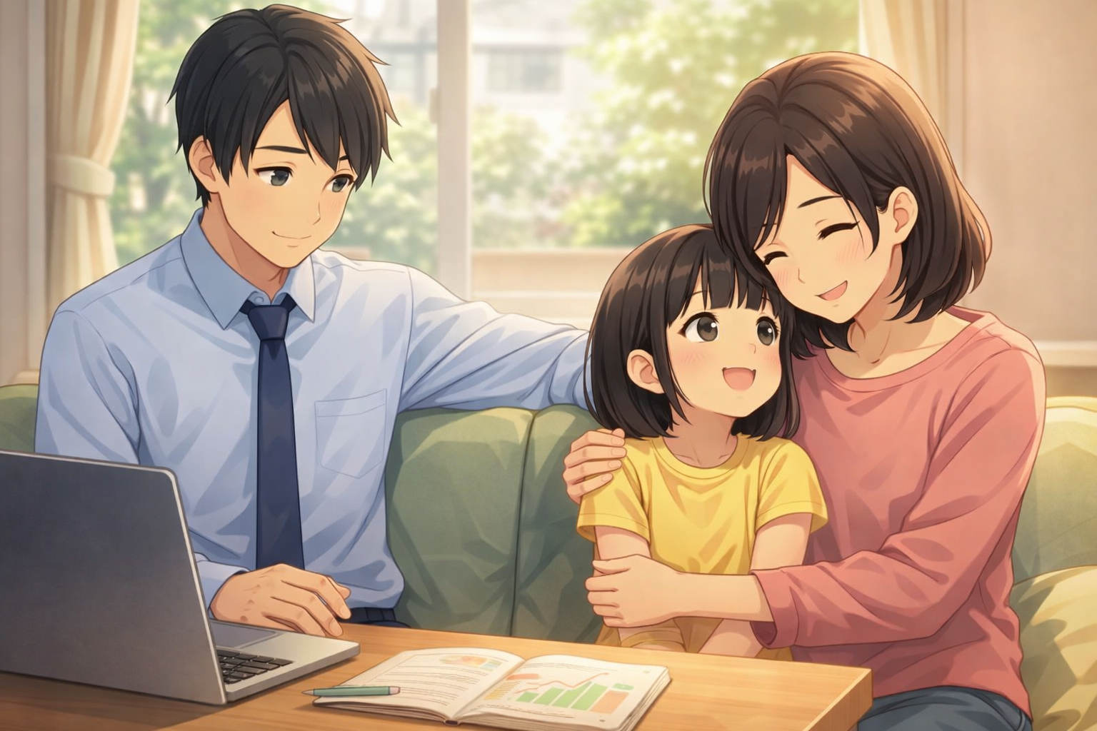 家族の将来を考えながら安心して長期投資を考える日本人会社員のイメージ