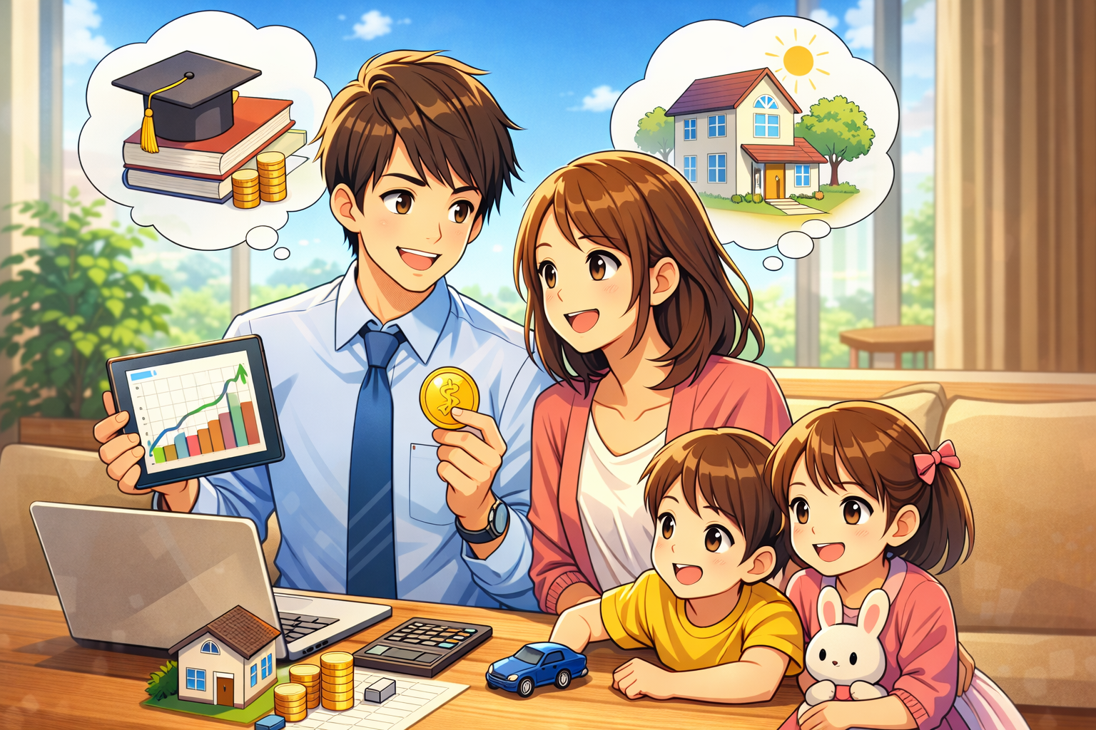 子育て世代の会社員が家族の将来を考えて投資するイメージ