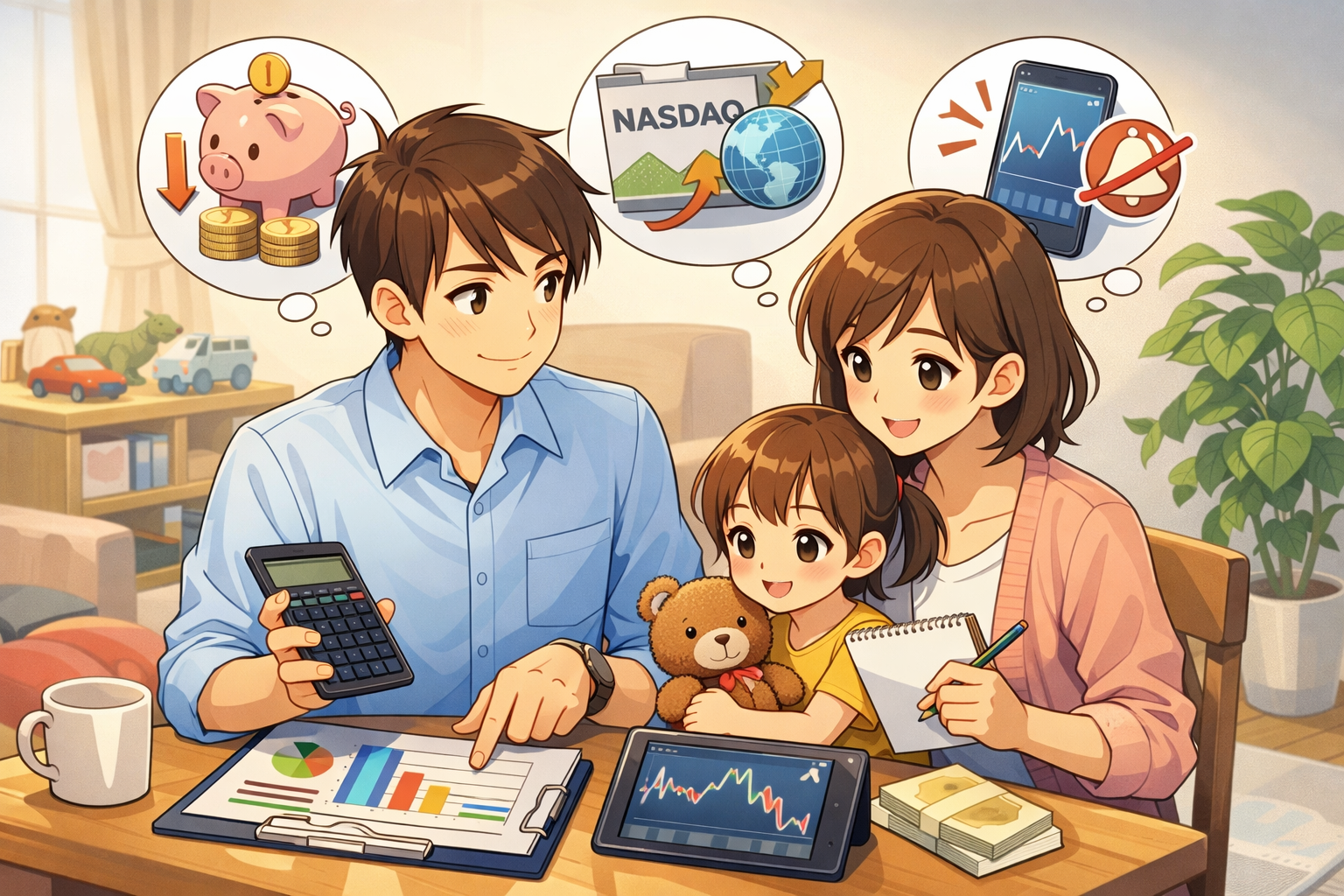 NASDAQ投資を続けると決めた子持ち会社員が家族と資産計画を見直しているアニメ風イラスト