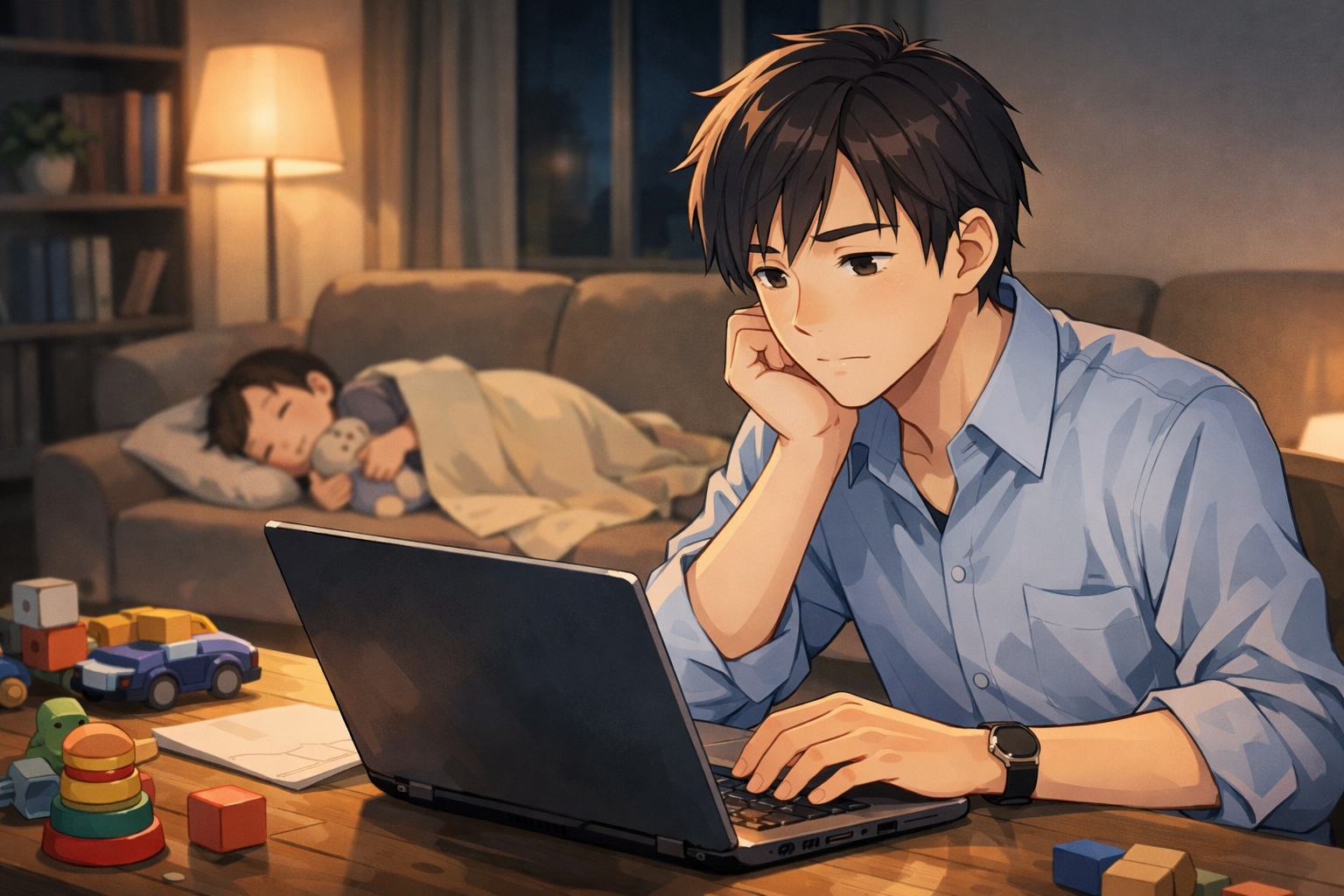 夜のリビングで、眠る子どものそばでノートパソコンを開き投資について考える子持ち会社員の男性のイラスト
