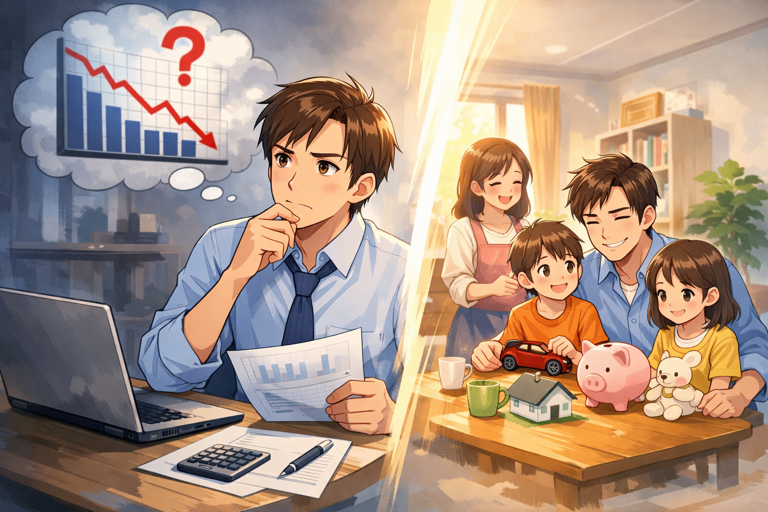 NASDAQ投資に迷いながらも家族の将来を考える子持ち会社員のイラスト