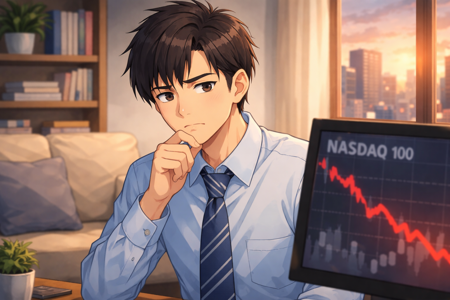 NASDAQ100の下落チャートを前に悩む若い会社員男性のアニメ風イラスト
