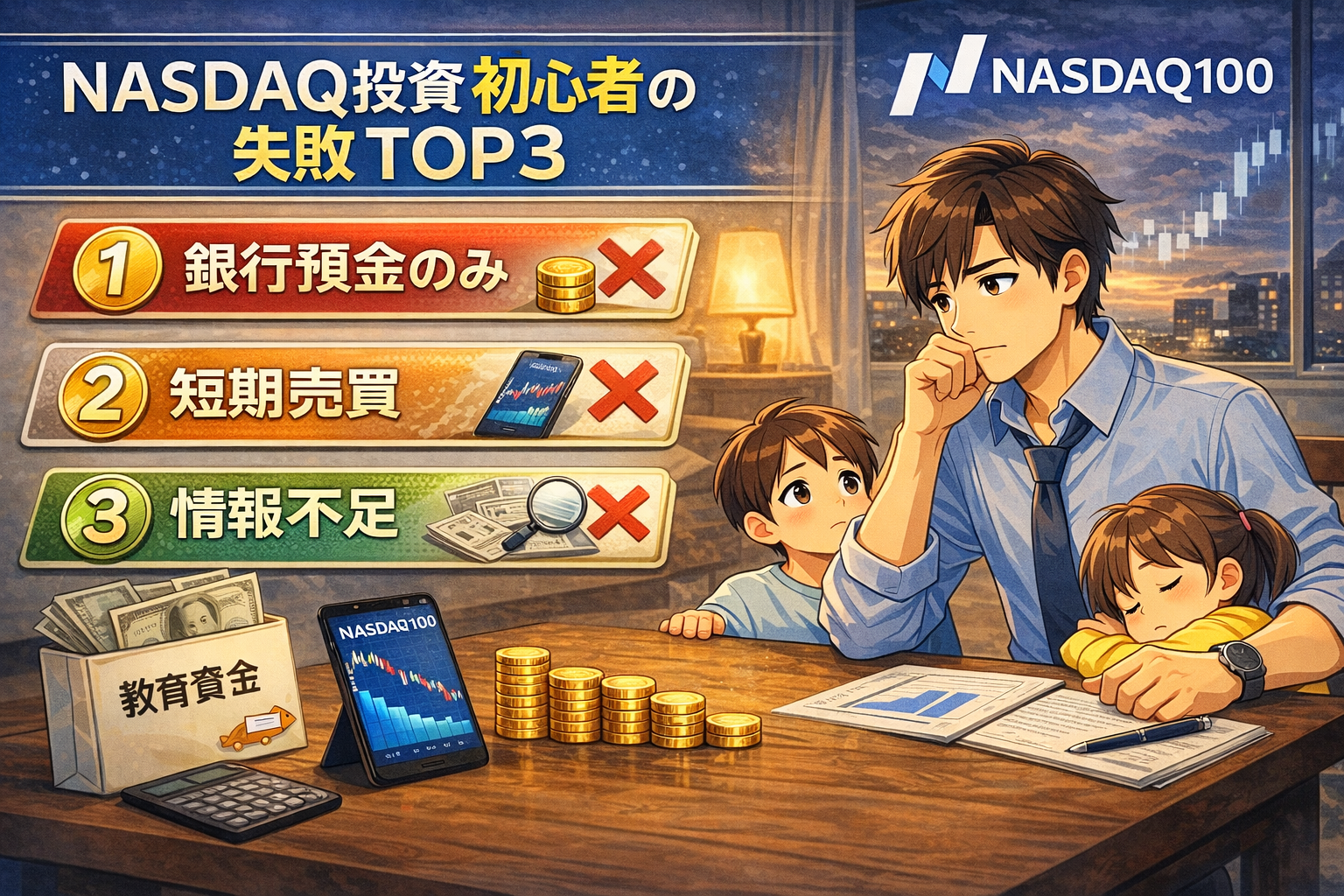 NASDAQ投資初心者の失敗TOP3を解説するアイキャッチ画像。1.銀行預金のみ、2.短期で勝とうとする、3.情報収集しない、というリストと、子供を抱きながら悩む父親のイラスト