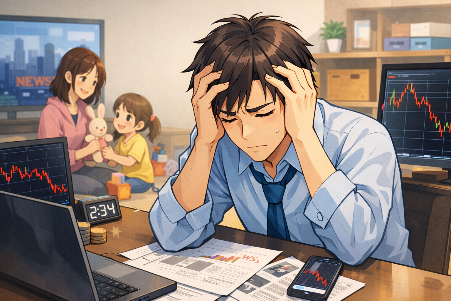 NASDAQ投資に悩む子持ち会社員の父親と、背後で過ごす家族の様子を描いたアニメ風イラスト