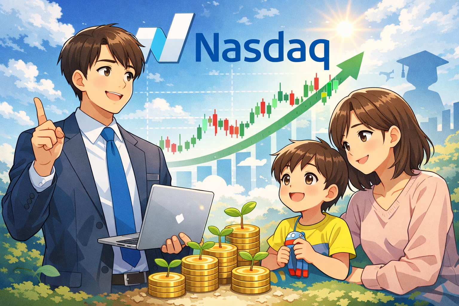 児童手当をNASDAQ100で長期運用する子持ち会社員の投資イメージ