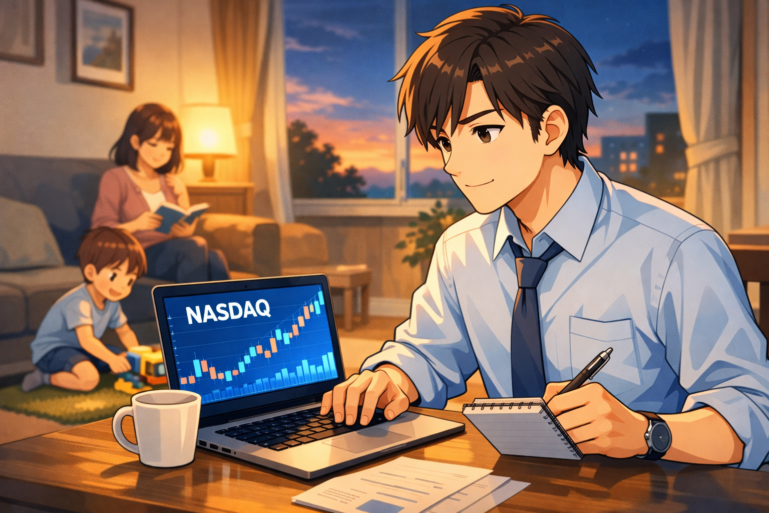子持ち会社員が落ち着いてNASDAQ投資を考えるアニメ風イラスト。家庭と投資の安心感を表現。