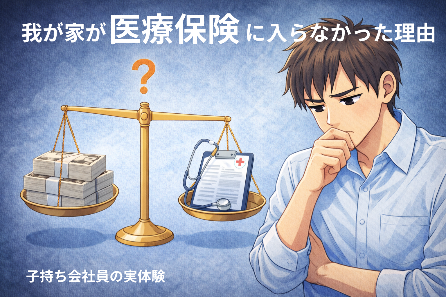 「医療保険とお金の使い道で悩む30代日本人男性。現金と医療書類を天秤にかけて考えている様子のイラスト」