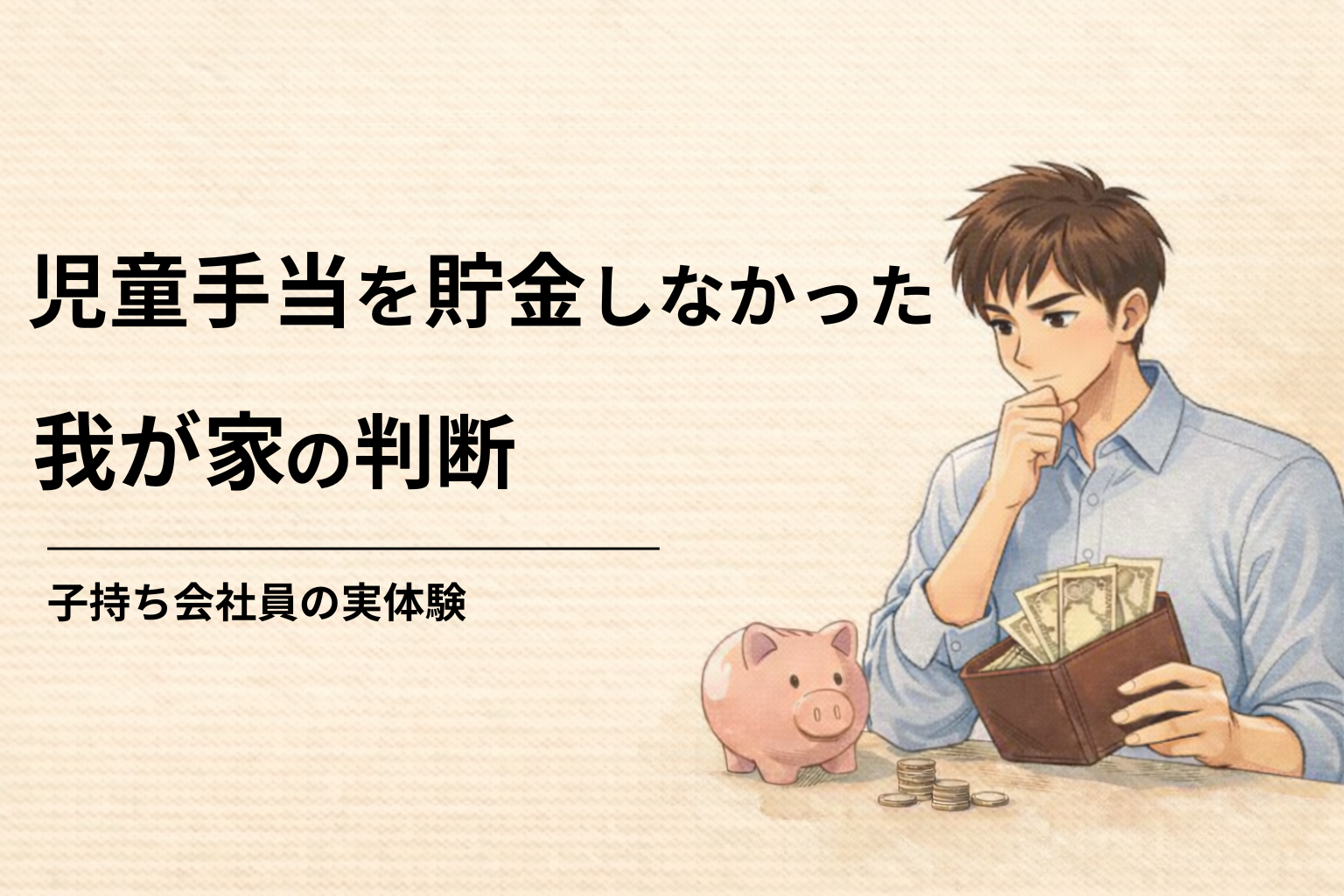 児童手当を貯金せずに運用する判断をした子持ち会社員の男性を描いたアイキャッチ画像