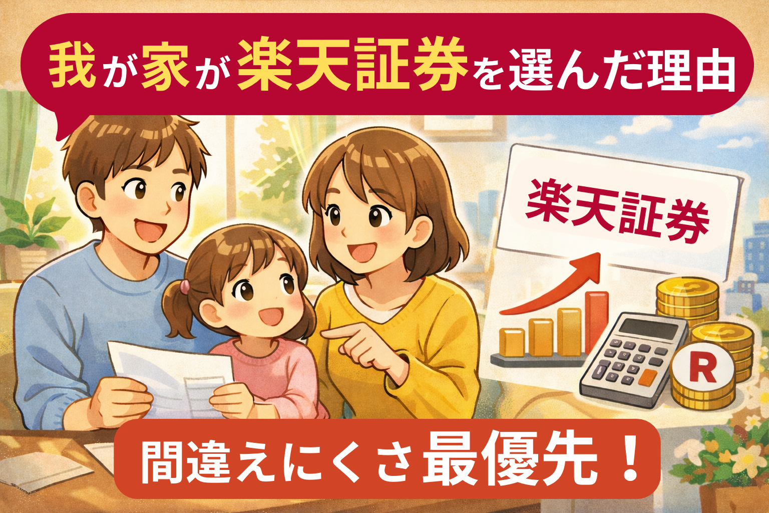 子持ち会社員が楽天証券を選び続けている理由を表したイラスト
