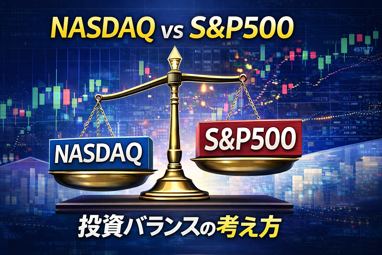 「NASDAQとS&P500を天秤で比較し、投資バランスの考え方を表現したアニメ風アイキャッチ画像」